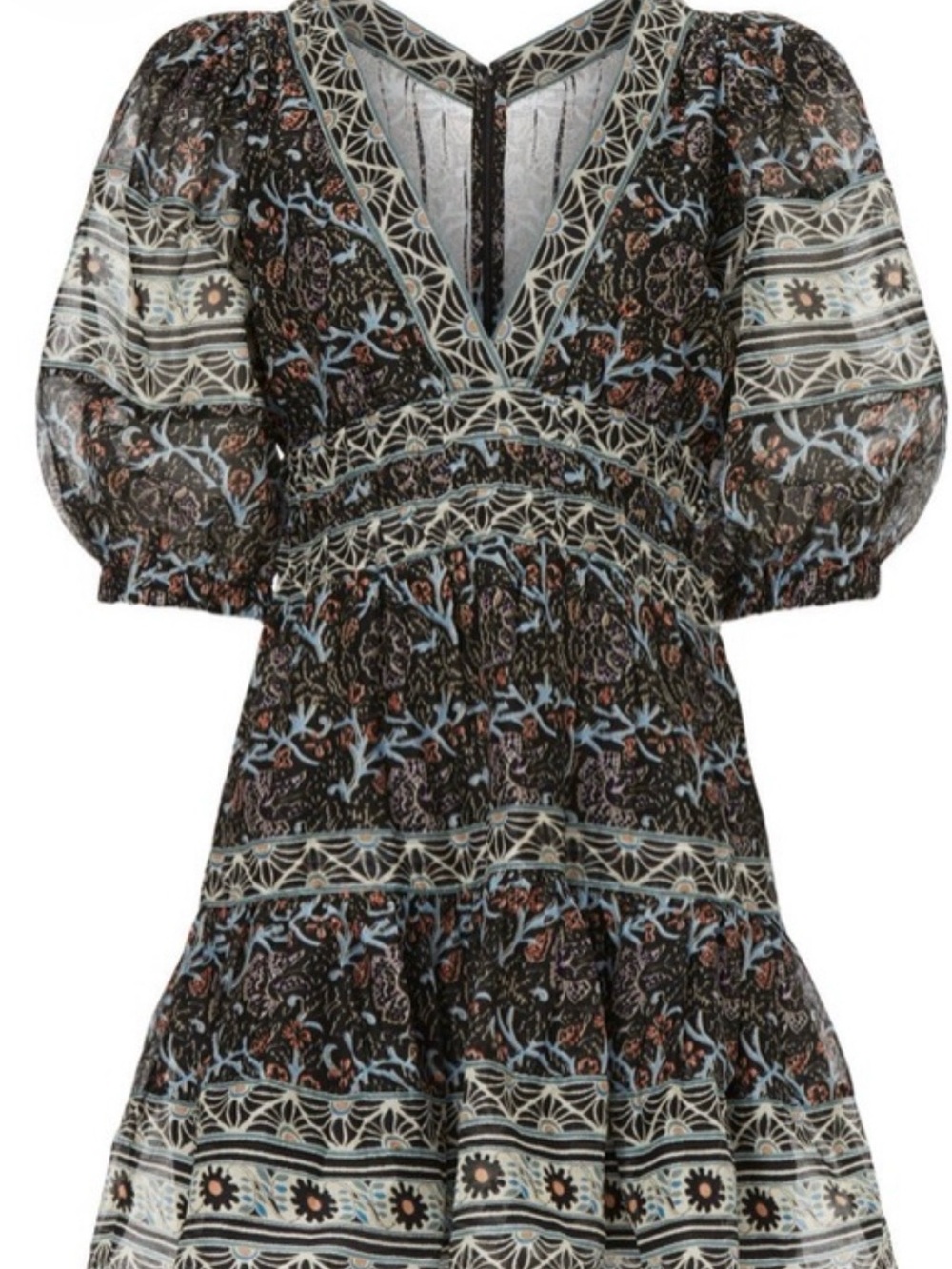 Sea New York Black Floral V-Neck Puff Sleeve Midi Dress
